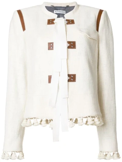 Altuzarra Avenue Jewel-neck Tweed Cardigan Jacket With Pompom & Ribbon Trim In Parchment