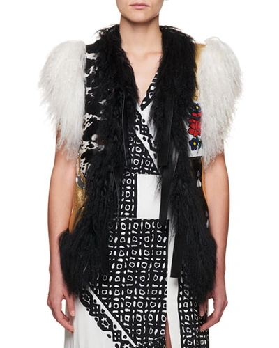 Altuzarra Belleville Mongolian Shearling Fur Belted Leather Vest With Embroidery In Gold