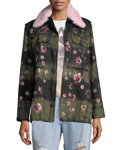 Libertine Crystal-flower Fur-collar Button-front Army Jacket In Multi
