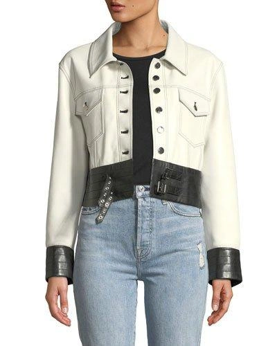 Nour Hammour Button-front Leather Moto Jacket With Buckle-hem In White/black
