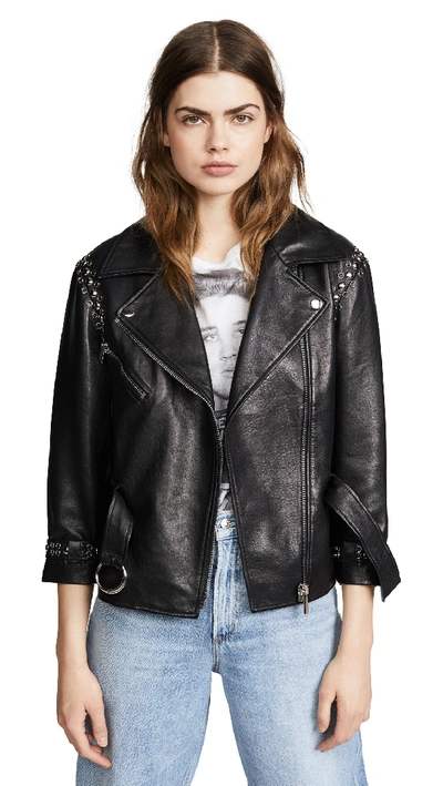 Nour Hammour Joaquin Belted Leather Moto Jacket With Studding In Black