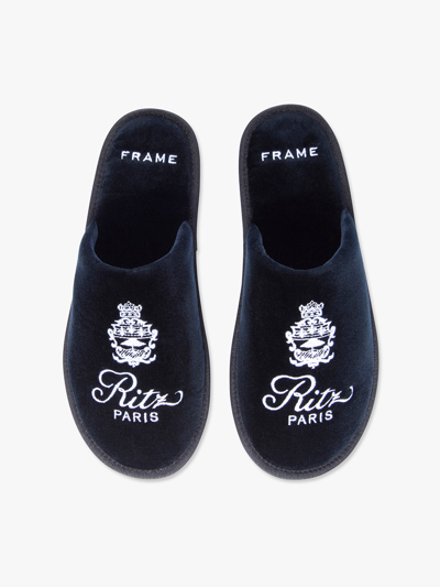 Frame + Ritz Paris Embroidered Velvet Slippers In Navy