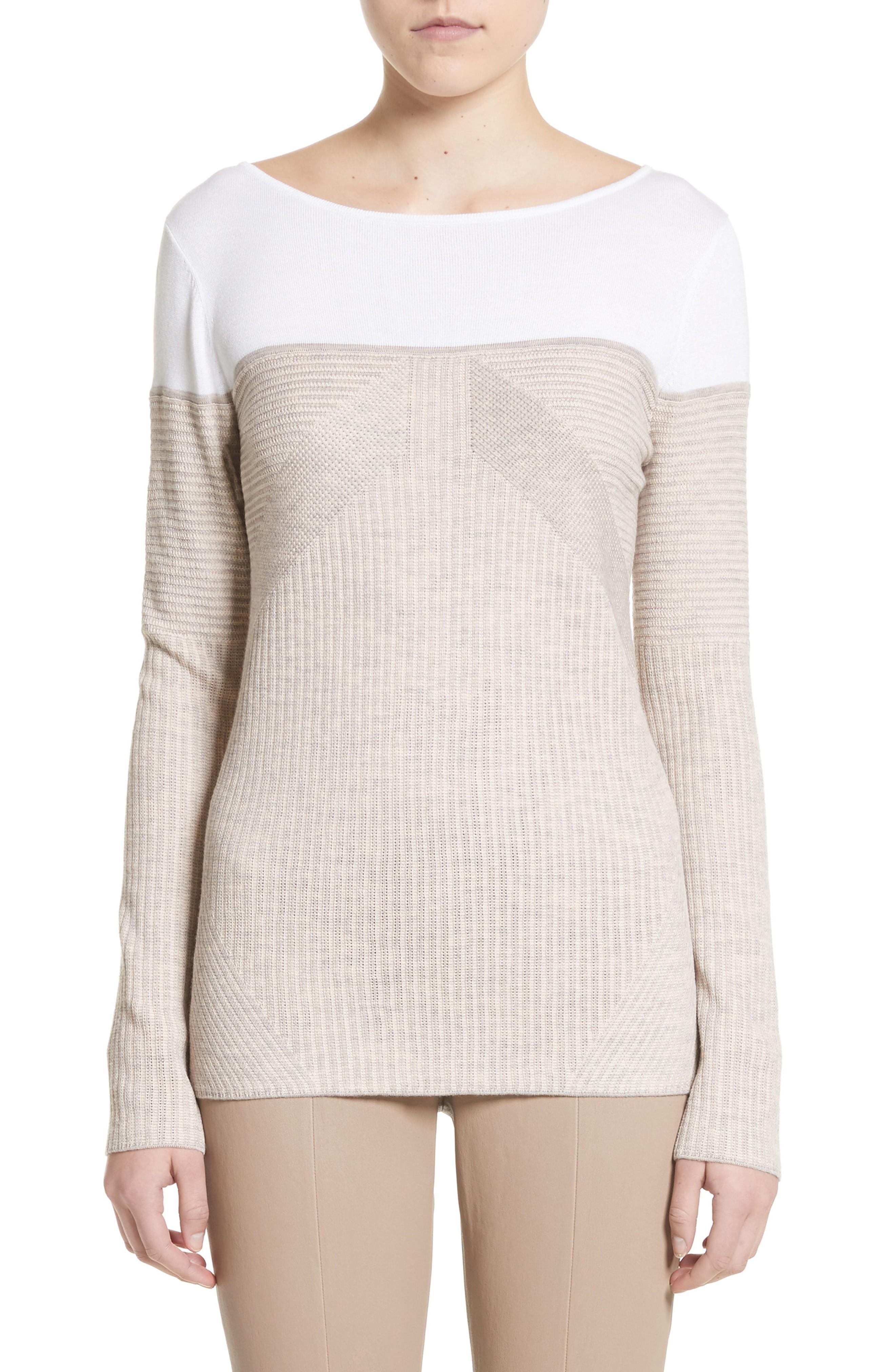 St. John Tech Rib Knit Sweater In Bianco/ Taupe Melange | ModeSens