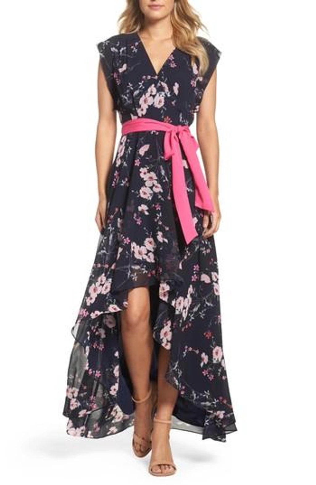 eliza j floral ruffle high/low maxi dress Eliza J Floral Ruffle Ruched High-Low Maxi Dress In Black - 55% Off