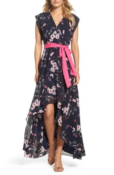 Eliza J High/low Floral Faux Wrap Maxi Dress In Navy/ Pink | ModeSens