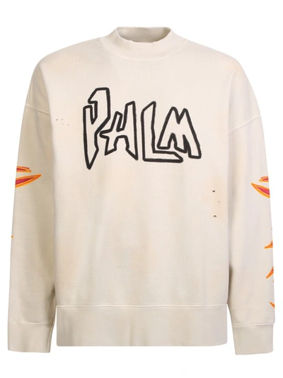 Palm Angels Roundneck Sweatshirt With Logo And Flame Print In Neutrals