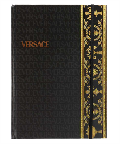 Versace Logo-print Barocco Ruled Notebook In Black
