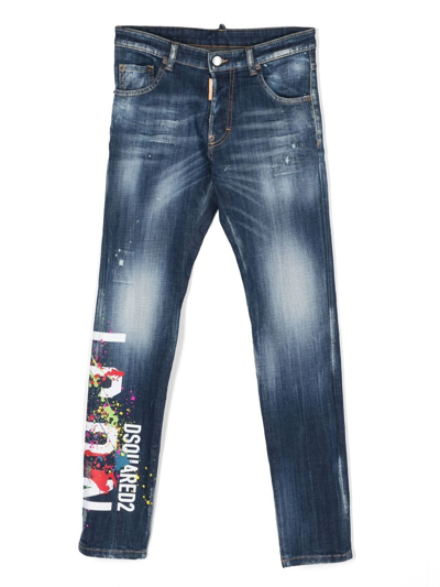 Dsquared2 Teen Paint-splatter Logo-print Jeans In Blue