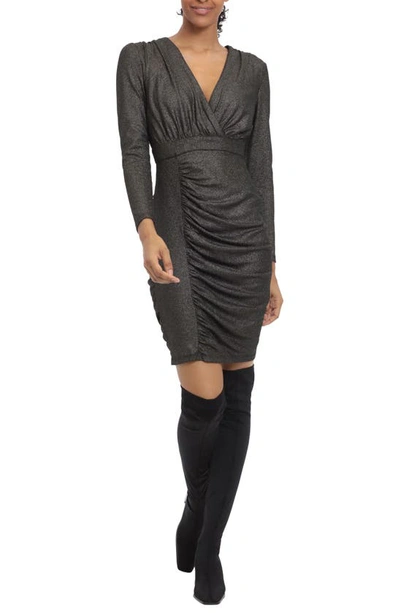 Donna Morgan Stretch Long Sleeve Lame Mini Dress In Bronze/ Black