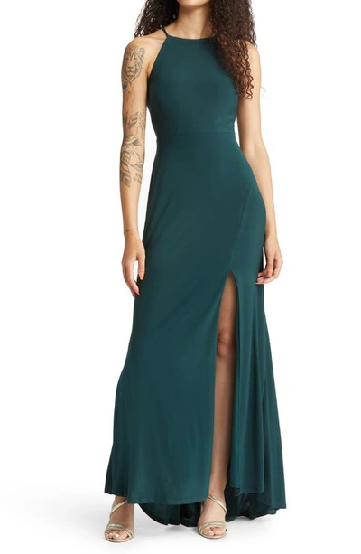 Jump Apparel Halter Neck High-low Gown In Forest