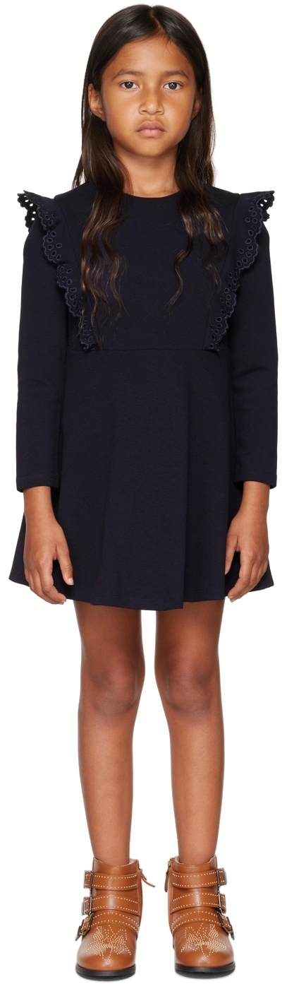 Chloé Kids Navy Embroidered Dress In Blue