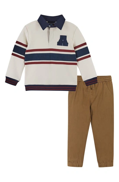Andy & Evan Kids' Little Boy's & Boy's 2-piece Rugby Shirt & Twill Pant Set In White Barred