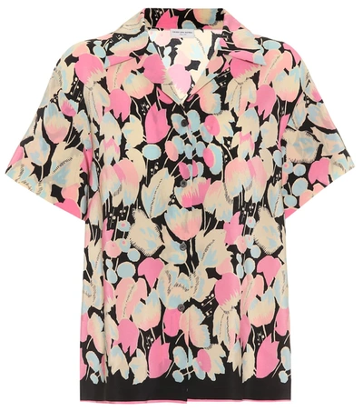 Dries Van Noten Black Silk Shirt With All Over Flowers Printed. In Pink