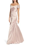 La Femme Off The Shoulder Beaded Satin Trumpet Gown In Champagne