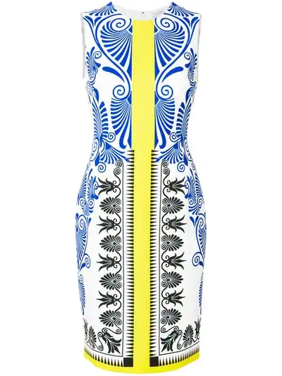 Versace Printed Fitted Dress In White - Blue - Yellow