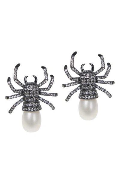Cz By Kenneth Jay Lane Pavé Cz & 10mm Freshwater Pearl Spider Earrings In White/ Clear/ Black Rhodium