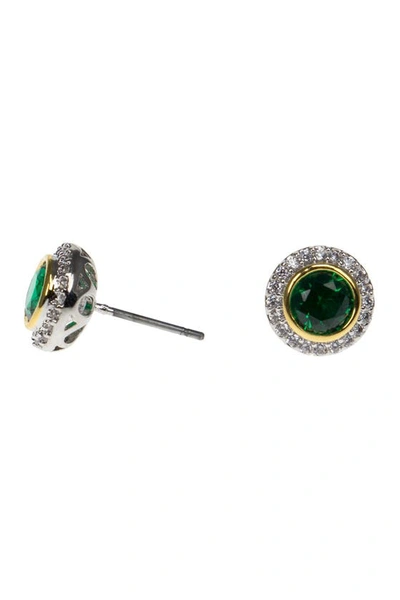 Cz By Kenneth Jay Lane Cz Accented Bezel Set Earrings In Emerald/2tone