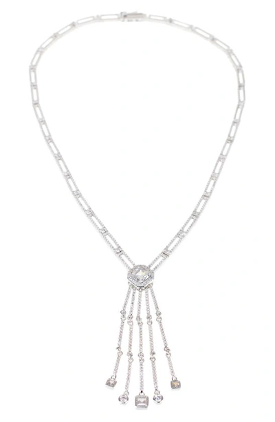 Cz By Kenneth Jay Lane Double Bar Cz Octagon Drop Necklace In Clear/silver