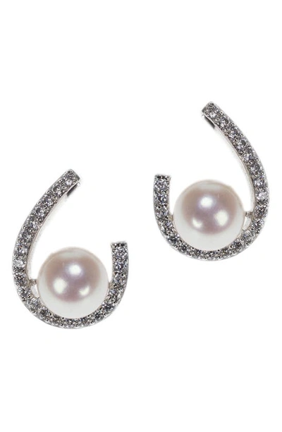 Cz By Kenneth Jay Lane Resting 8.5-9mm Pearl Cz Loop Statement Earrings In White/clear/silver