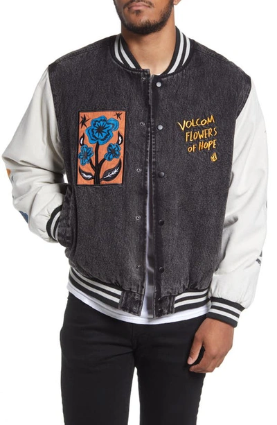 Volcom Fa Bob Mollema Appliqué Cotton Denim Varsity Jacket In Multi