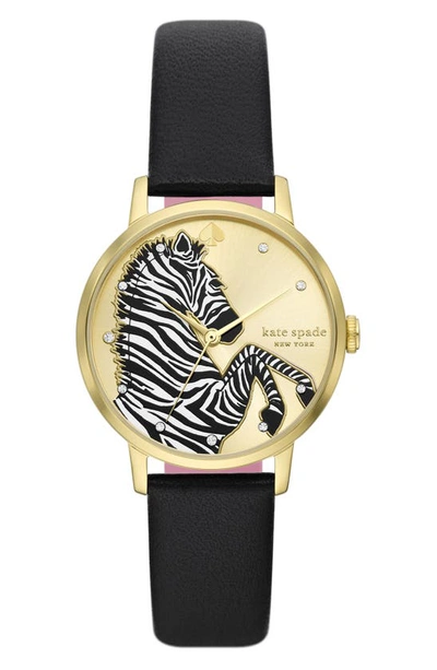 Kate Spade Metro Leather Strap Watch, 34mm In Gold/ Black
