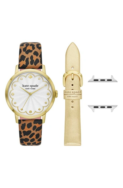 Kate Spade Leather 18mm Metro Watch Head & Apple Watch® Watchband Set In Leopard/ Gold Metallic Leather