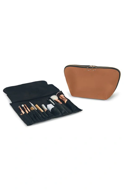 Kusshi Signature Leather Makeup Brush Organizer In Camel Leather/ Red
