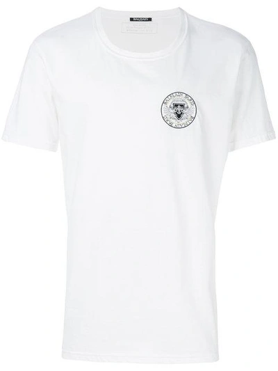 Balmain White Cotton Tshirt With Rounded Logo