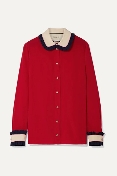 Gucci Color-block Ruffled Silk Blouse In Red