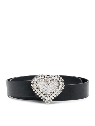 Alessandra Rich Leather Belt With Heart Crystal Buckle In Black