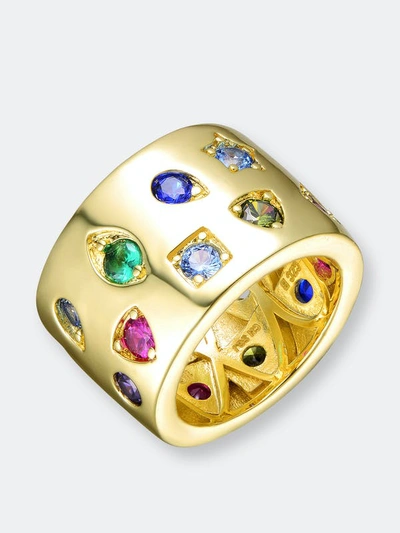 Rachel Glauber Gold Plated Multi Colored Cubic Zirconia Wide Band Ring In Gold-tone