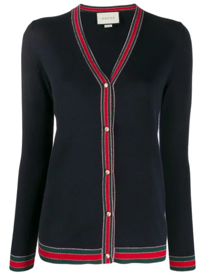 Gucci Metallic-trimmed Merino Wool Cardigan In Navy