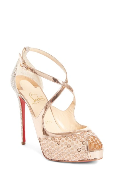 Christian Louboutin Mirabella 120mm Strappy Sequined Red Sole Sandal In Nude