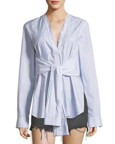 Alexander Wang T Tie-front Long-sleeve Combo Striped Shirt In Multi Stripe