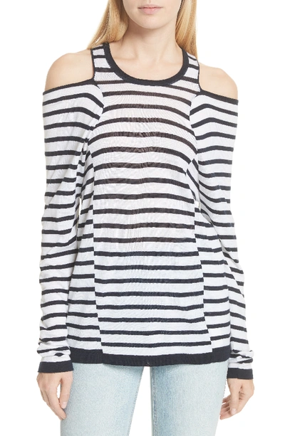 Alexander Wang T Wash & Go Crewneck Cutout-shoulder Long-sleeve Striped Top In White / Navy Stripe