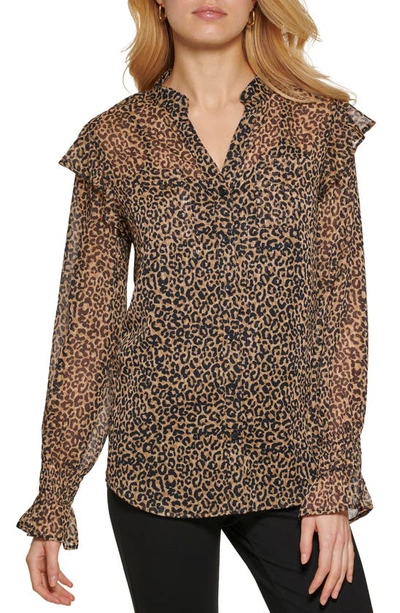 Dkny Women's Printed Button-front Long-sleeve Ruffle Top In Vicuna Black