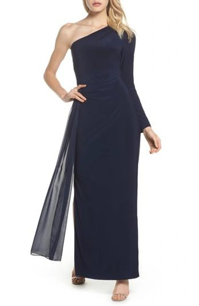 Vince Camuto Chiffon Overlay One-shoulder Gown In Navy