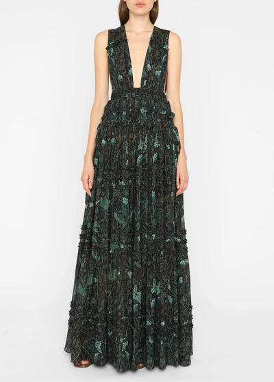 Ulla Johnson Fiona Tiered-skirt Open-back Gown In Verde