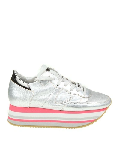 Philippe Model Eiffel Sneakers In Silver Leather In Argento