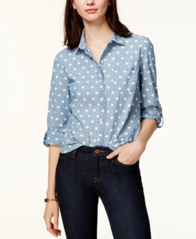 Tommy Hilfiger Cotton Printed Roll-tab Utility Shirt In Chambray