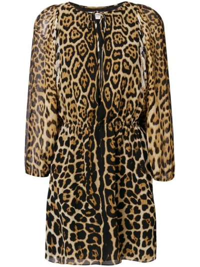 Saint Laurent Leopard Print Ruffled Dress In Naturel