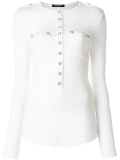 Balmain Button-down Long-sleeved Jersey Top In White