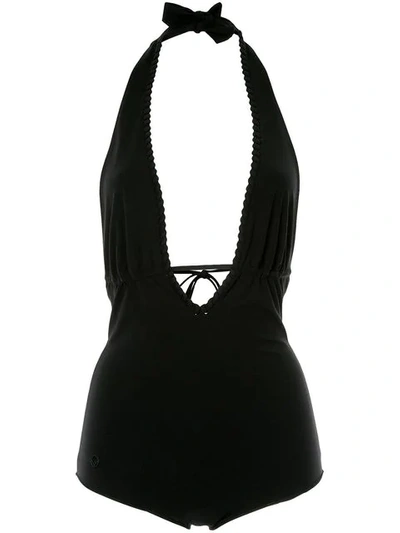 Fendi Lace-up Plunge Swimsuit In Black