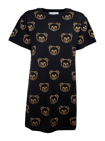 Moschino Teddy Bear Jacquard Knitted Dress In Negro