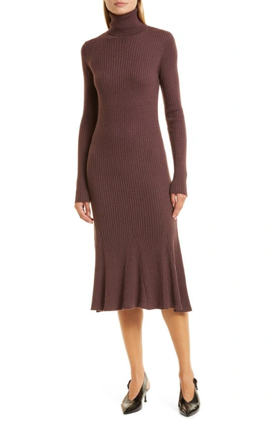 Donna Karan Long Sleeve Turtleneck Rib Sweater Dress In Mulberry