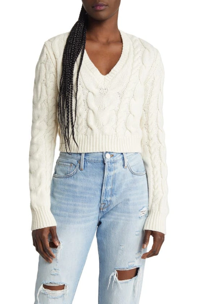 Frame Cropped Cable Knit V-neck Sweater In White
