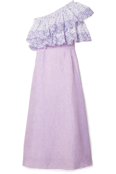 Gül Hürgel Off-the-shoulder Broderie Anglaise-trimmed Striped Linen Dress In Lavender