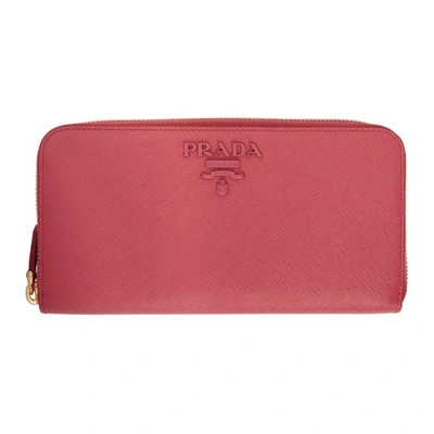 Prada Pink Saffiano Zip Around Wallet In Red