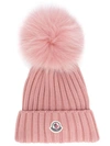 Moncler Pink Ribbed Logo Pom Pom Beanie