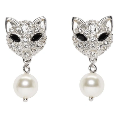 Miu Miu Silver Pearl And Crystal Cat Earrings In F0qcd Pearl